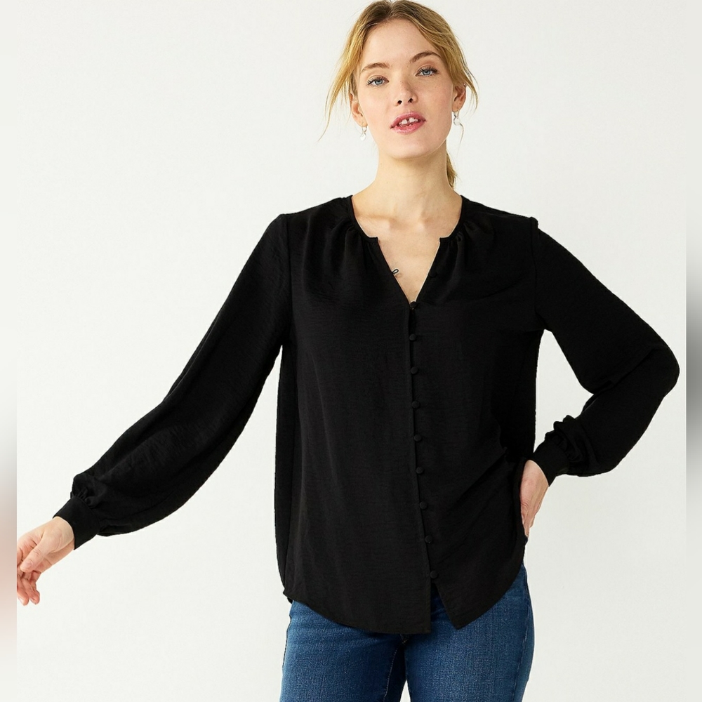 Roll-Tab Sleeve Pullover Blouse